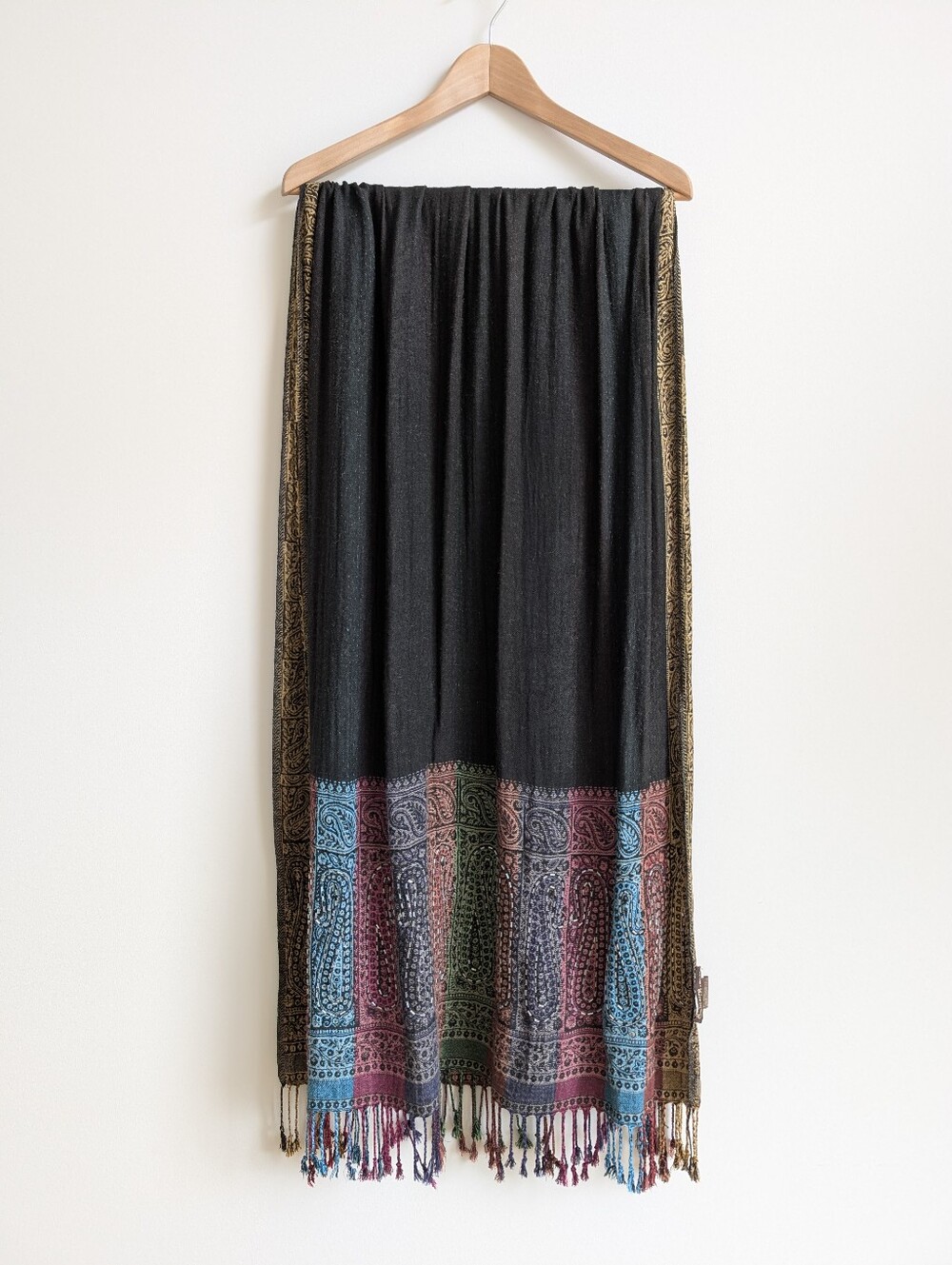 Solitaire Reversible Beaded Large Soft Scarf With Fringe Black Multicolour